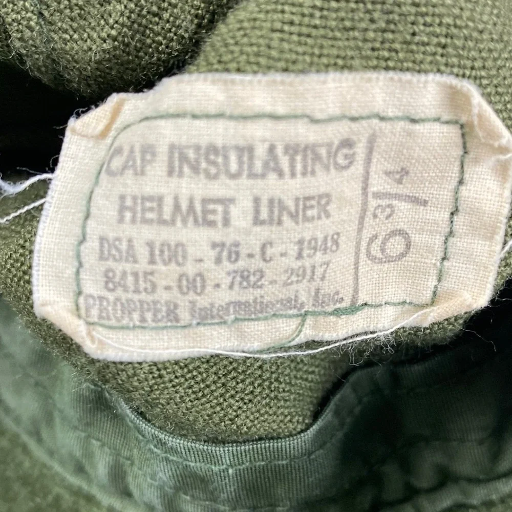 Vintage 1976 US Military Cold Weather Helmet Liner Cap Propper Olive Green 6 3/4
